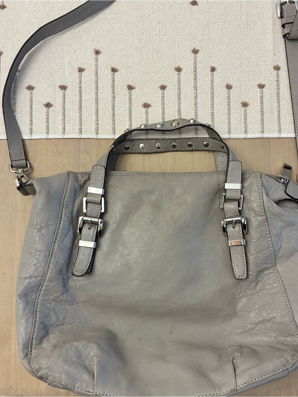 Gray Michael Kors Leather Satchel Tote with Buckle Details